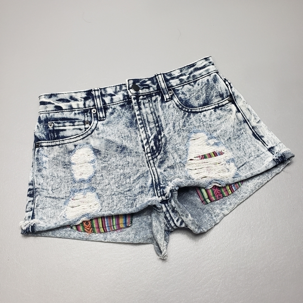 Forever 21 acid wash ripped distressed jean shorts colorful pockets size 24